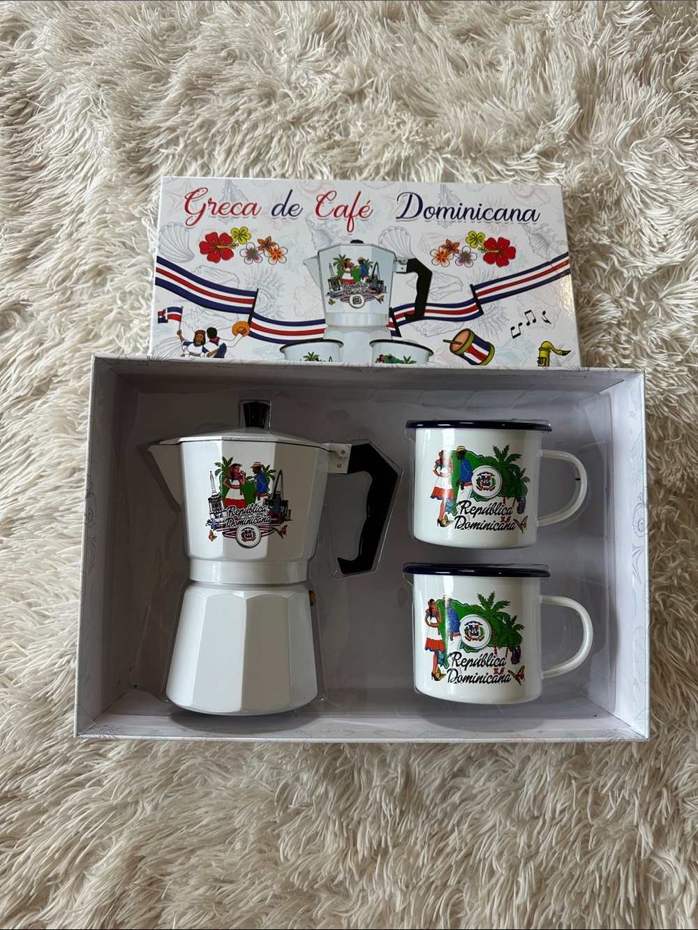 White Enamel Moka Pot & Cups Set